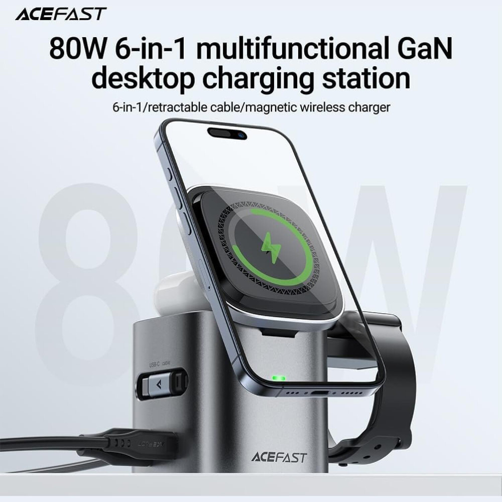Ασύρματος Φορτιστής Acefast Z9 6in1 GaN MagSafe για iPhone 15W / EarBuds TWS 5W / Apple Watch 2.5W με Καλώδιο Type-C 60W & 1 x Type-C 65W / 1 x USB-A 18W - Metal Grey (6974316285809)
