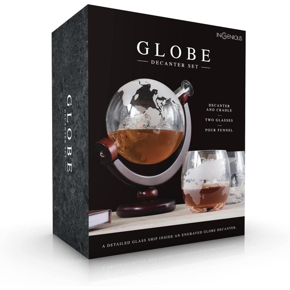The Source InGenious Globe Decanter Set - Γυάλινο Σετ Ποτού σε Σχήμα Υδρογείου με 1 x Καράφα Σερβιρίσματος με Πώμα / 2 x Ποτήρια & 1 x Ξύλινη Βάση (5060512159417)