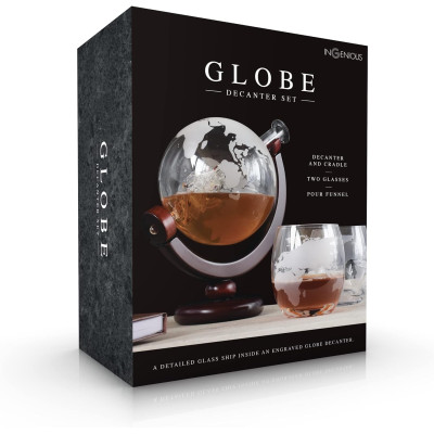 The Source InGenious Globe Decanter Set - Γυάλινο Σετ Ποτού σε Σχήμα Υδρογείου με 1 x Καράφα Σερβιρίσματος με Πώμα / 2 x Ποτήρια & 1 x Ξύλινη Βάση (5060512159417)