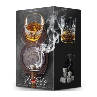 Σετ Ουίσκι & Πούρων MikaMax Whiskey & Cigar Tray με 1 x Ξύλινο Δίσκο / 1 x Ποτήρι / 1 x Τασάκι / 1 x Κόφτης Πούρων / 9 x Πέτρες Ουίσκι (8719481358556)