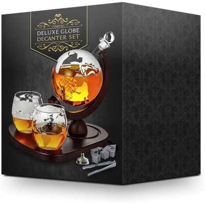 Γυάλινο Σετ Ποτού MikaMax Deluxe Globe Decanter Set σε Σχήμα Υδρογείου με 1 x Καράφα Σερβιρίσματος με Πώμα & Ξύλινη Βάση / 2 x Ποτήρια / 1 x Λαβίδα / 1 x Χωνί / 9 x Πέτρες Ουίσκι (8719481357771)