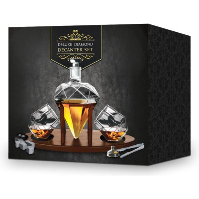 Γυάλινο Σετ Ποτού MikaMax Deluxe Diamond Decanter Set σε Σχήμα Διαμαντιού με 1 x Καράφα Σερβιρίσματος με Πώμα & Ξύλινη Βάση / 2 x Ποτήρια / 1 x Λαβίδα / 1 x Χωνί / 9 x Πέτρες Ουίσκι (8719481357788)