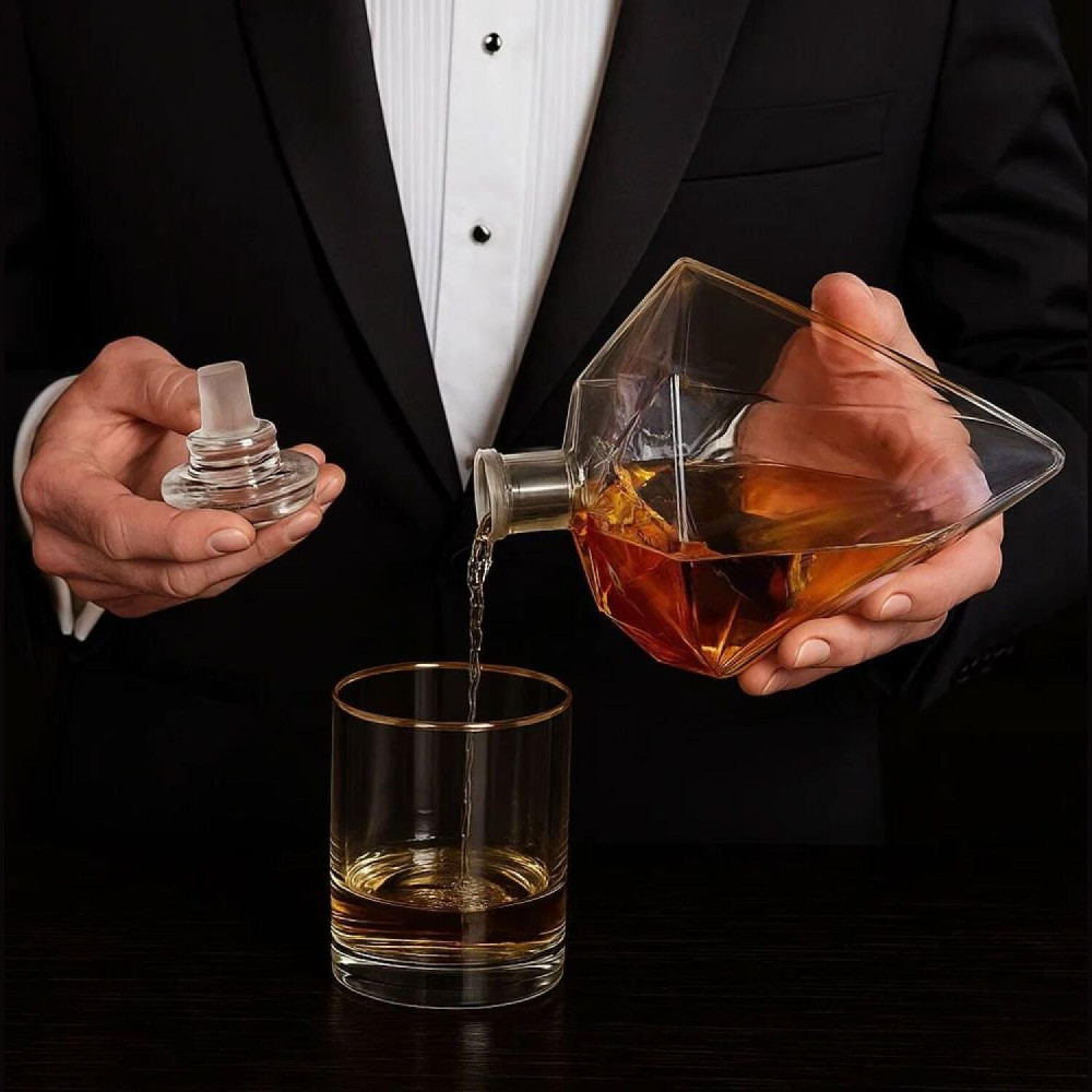 Γυάλινο Σετ Ποτού MikaMax Deluxe Diamond Decanter Set σε Σχήμα Διαμαντιού με 1 x Καράφα Σερβιρίσματος με Πώμα & Ξύλινη Βάση / 1 x Λαβίδα / 1 x Χωνί / 9 x Πέτρες Ουίσκι (8719481354626)