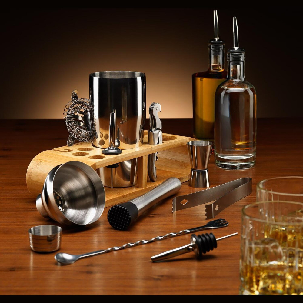 Σετ Κοκτέιλ The Source Connoisseur Creations 12 Piece Cocktail Set από Ανοξείδωτο Ατσάλι με Ξύλινη Βάση (5056327918424)
