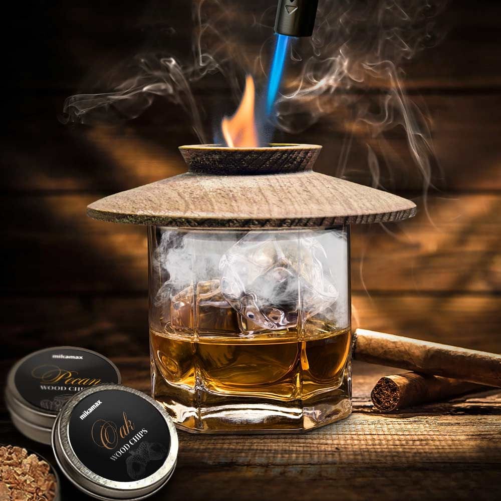 Whisky Smoker - Σετ Καπνίσματος Ουίσκι με Καπάκι Οξιάς / Επαναγεμιζόμενο Φλόγιστρο / Ανοξείδωτο Πλέγμα & 4 Αρώματα Ξύλου (8719481358518) - MikaMax
