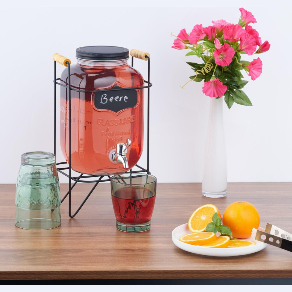 Γυάλινος Διανεμητής Ποτού Relaxdays Drinks Dispenser με Μεταλλική Βάση & Λαβές 4L - Transparent / Silver / Black (10050442)