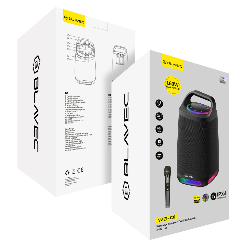 Blavec Wireless Bluetooth Speaker TWS WS-01 Karaoke - 160W with microphone black