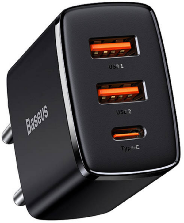 baseus compact quick charger fortistis taksidiou me 2 x usb a 1 x type c 30w black 1