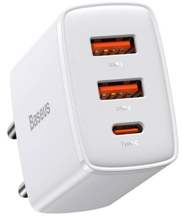 baseus compact quick charger fortistis taksidiou me 2 x usb a 1 x type c 30w white 1