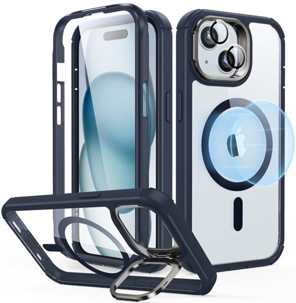 esr armor tough anthektiki diafani magsafe thiki me kickstand kai tempered glass gia fako kameras apple iphone 15 plus clear dark blue