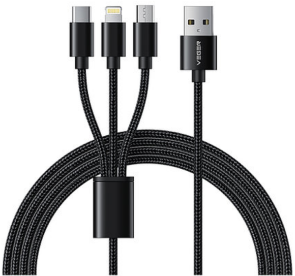 veger premium 3 in 1 charging cable kalodio fortisis kai metaforas dedomenon usb a se lightning type c micro usb 150 cm 2 4 a black 2